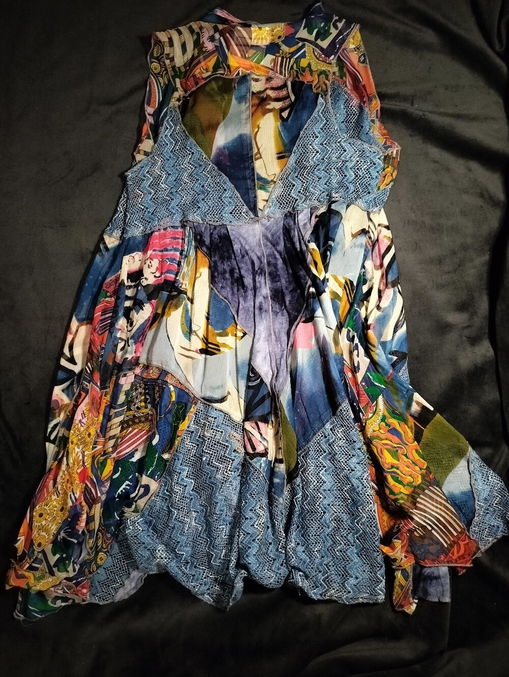 EUC Fleur De Lis Boho Bohemian Patchwork Maxi Long Vest Blue Accents Medium - Picture 2 of 8